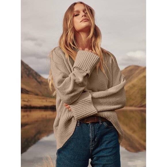 Women's Oversized Sweater Fuzzy Khaki Long Sleeve Casual Chunky Pullover Fall - Picture 4 of 9